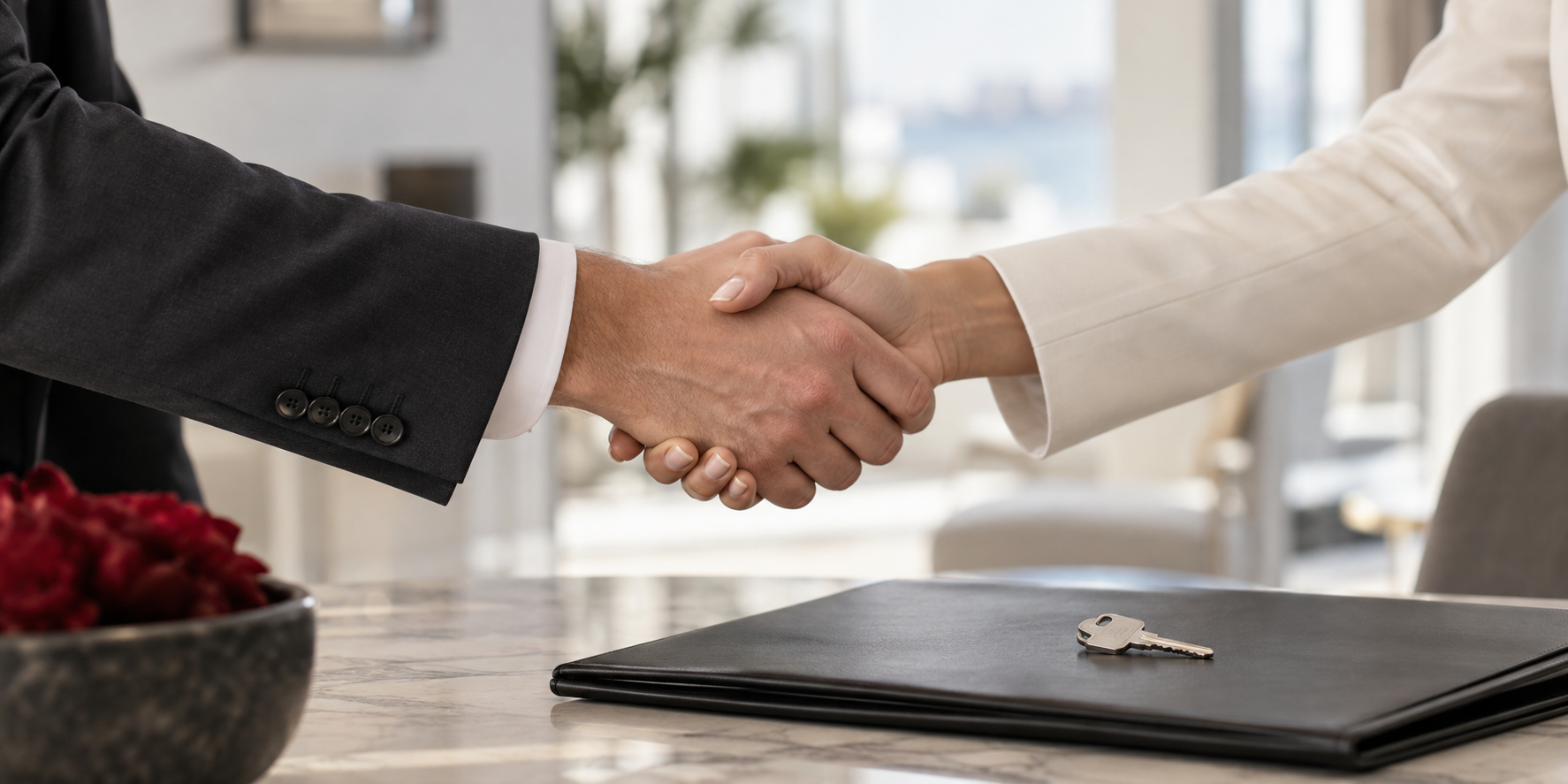 Successful real estate closing with a handshake and house key